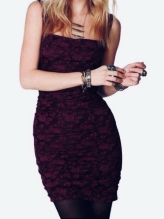 Free People Dresses & Skirts - Free People Burgundy and Black Lace Mini Dress Ruched Sides Key Hole Back Med